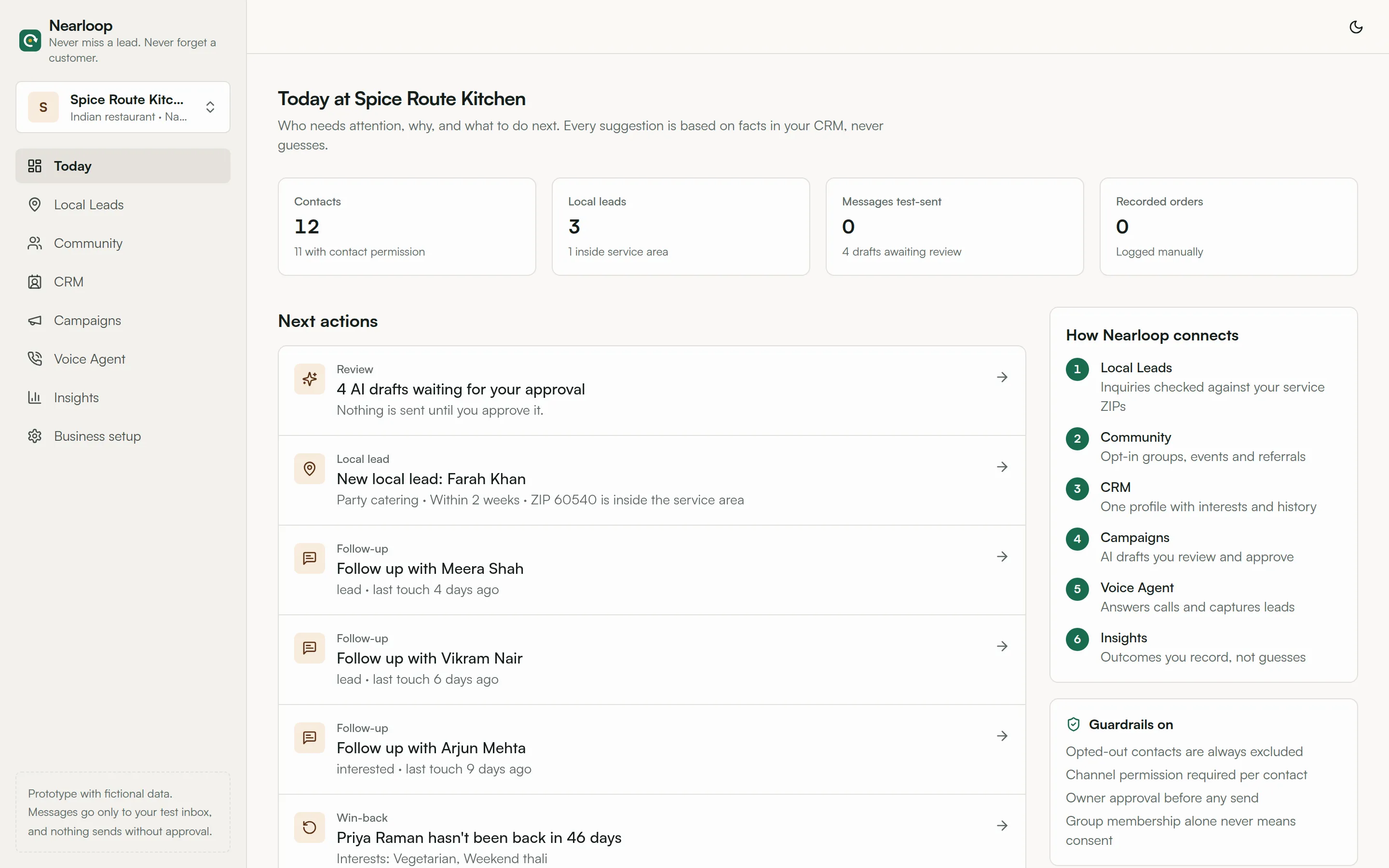 Nearloop Today screen showing new local leads, follow-ups and customers to win back